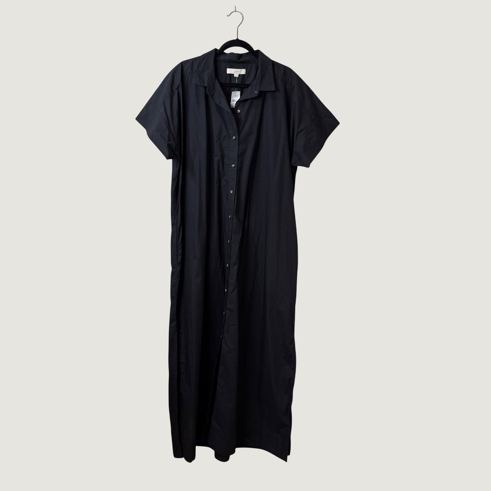 LOFT Black Cotton Maxi Shirt Dress Size 18 Minimalist Modest Fall Wardrobe